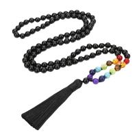 Fashion Fringe Necklace Black Agate with Knot Cord & Rainbow Stone Tassel vintage & fashion jewelry & Unisex mixed colors 8mm Approx Sold By Strand