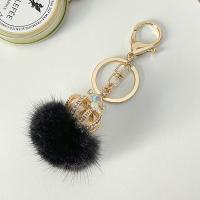 Fur Ball Pom Pom Keychain Plush with Zinc Alloy Crown gold color plated for woman & with rhinestone Sold By PC