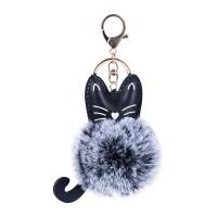 Fur Ball Pom Pom Keychain Plush with PU Leather Cat gold color plated cute & for woman 17cm Sold By PC