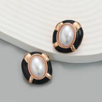 Zinek Stud náušnice, s Plastové Pearl & smalt, módní šperky & pro ženy, černý, 26x24mm, Prodáno By PC