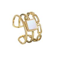 304 Nerūdijantis plienas Cuff Finger Ring, su Balta "Shell, Geometrinis raštas, aukso spalva padengtas, reguliuojamas & moters & tuščiaviduris, Dydis:8, Pardavė PC