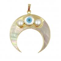 Evil Eye Pendants Brass with Shell & Freshwater Pearl Moon gold color plated DIY & evil eye pattern 44.69mm Sold By PC