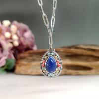 Zinc Alloy Jewelry Necklace with Lapis Lazuli & Turquoise with 5cm extender chain Teardrop antique silver color plated vintage & fashion jewelry & Unisex mixed colors nickel lead & cadmium free Length Approx 45 cm Sold By PC