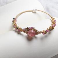 Zinc Alloy Bangle with Freshwater Pearl & Strawberry Quartz gold color plated for woman pink Length Approx 37 cm Sold By PC