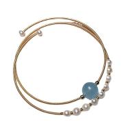 Zink Alloy Bangle Smycken, med Akvamarin & Freshwater Pearl, guldfärg pläterade, för kvinna, blå, Längd Ca 38 cm, Säljs av PC