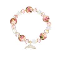 Lampwork Bracelet with Crystal & Brass Mermaid tail 14K gold plated Korean style & for woman & with rhinestone pink Length Approx 6.7 Inch Sold By PC