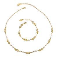 Brass Jewelry Set bracelet & necklace with Freshwater Pearl 18K gold plated fashion jewelry & micro pave cubic zirconia & for woman golden Pendantuff1a41.9+6.3cm .2+4.3cm Sold By PC