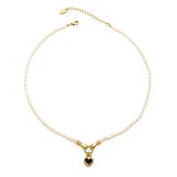 Freshwater Pearl Brass Necklace with Brass with 6.5cm extender chain 18K gold plated fashion jewelry & micro pave cubic zirconia & for woman & enamel two different colored Sold Per 41.2 cm Strand