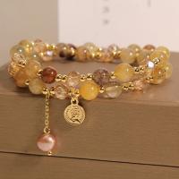 Quartz Bracelets Rutilated Quartz with Freshwater Pearl & Zinc Alloy Round gold color plated fashion jewelry & Unisex mixed colors Length Approx 37 cm Sold By PC