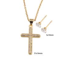 Cubic Zirconia Stainless Steel Jewelry Sets, Stud Earring & necklace, 304 Stainless Steel, with Brass, Cross, plated, micro pave cubic zirconia & for woman, golden, Length Approx 49.7 cm, Sold By Set