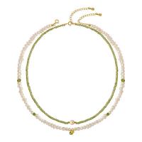 Freshwater Pearl Brass Necklace with Peridot Stone & Brass real gold plated 2 pieces & fashion jewelry & for woman Sold Per 37-42 cm Strand
