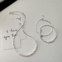 925 Sterling Silver Bracelet and Necklace with Plastic Pearl polished Korean style & for woman Sold By PC