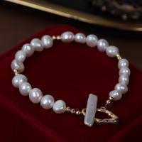Sötvatten odlade Pearl Bracelet, Freshwater Pearl, med Mässing, guldfärg pläterade, mode smycken & för kvinna, vit, 7-8mm,5x22-23mm, Längd Ca 17 cm, Säljs av PC