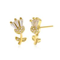 Cubic Zirconia Micro Pave Brass Earring Flower real gold plated micro pave cubic zirconia & for woman golden Sold By Pair