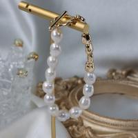 Bransolety z hodowlanych pereł słodkowodnych, Perła naturalna słodkowodna, ze Mosiądz, Platerowane w kolorze złota, biżuteria moda & dla kobiety, biały, 7-8mm, długość około 18 cm, sprzedane przez PC