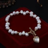 Freshwater Cultured Pearl Bracelet Freshwater Pearl with Resin & Brass Heart gold color plated fashion jewelry & for woman & with rhinestone white 5-6mm Length Approx 17 cm Sold By PC