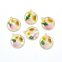 Resin Pendant with Dried Flower & Zinc Alloy Flat Round gold color plated DIY & epoxy gel mixed colors 25mm Approx Sold By Bag