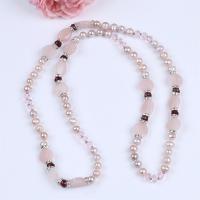 Freshwater Pearl Sweater Chain Necklace with Crystal & Rose Quartz & Zinc Alloy silver color plated fashion jewelry & for woman & with rhinestone mixed colors 8-9mm Length Approx 80 cm Sold By PC
