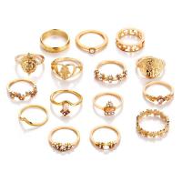 Zinc Alloy ring Set, med Plastic, guldfarve belagt, 15 stk. & for kvinde & med rhinestone, Størrelse:4-8.5, Solgt af sæt
