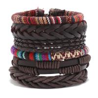 PU Leather Cord Bracelets with Cotton Thread & Wax Cord handmade 6 pieces & Bohemian style & Unisex & adjustable brown Sold By Set