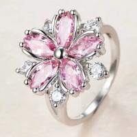 Messing Finger Ring, Plum Blossom, geplatineerd, verschillende grootte voor keus & voor vrouw & met strass, Maat:5-10, Verkocht door PC