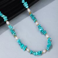 Fashion Turquoise Necklace with Freshwater Pearl & Brass with 6CM extender chain gold color plated for woman green nickel lead & cadmium free Length Approx 42 cm Sold By PC