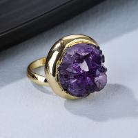 Natural Quartz Finger Ring Amethyst with Brass gold color plated for woman purple nickel lead & cadmium free Inner Approx 19mm Sold By PC