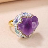 Natural Quartz Finger Ring, Amethyst, with Tourmaline & Brass, gold color plated, for woman & with rhinestone, purple, nickel, lead & cadmium free, Inner Diameter:Approx 19mm, Sold By PC