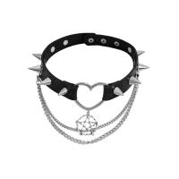 PU Leather Necklace with iron chain & Zinc Alloy Heart platinum color plated multilayer & with rivet stud & punk style & for woman Length Approx 15.7 Inch Sold By PC