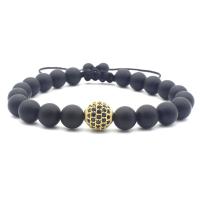Black Agate Bracelets with Brass Round gold color plated adjustable & micro pave cubic zirconia black 10mm Length Approx 17.5-26 cm Sold By PC