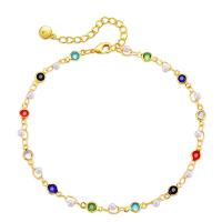 Brass Anklet with Glass Rhinestone & Plastic Pearl with 2.36inch extender chain 18K gold plated fashion jewelry & for woman golden nickel lead & cadmium free Length Approx 8.26 Inch Sold By PC