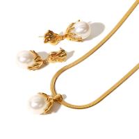 Fashion Stainless Steel Jewelry Sets 304 Stainless Steel with Freshwater Pearl with 1.97inch extender chain Vacuum Ion Plating fashion jewelry & for woman golden earring 39*17mm pendant 29*17mm Length Approx 15.75 Inch Sold By PC