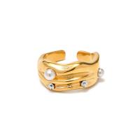 Rhinestone Stainless Steel Finger Ring 304 Stainless Steel with Plastic Pearl 18K gold plated fashion jewelry & for woman & with rhinestone golden ring width 10.9mm Sold By PC