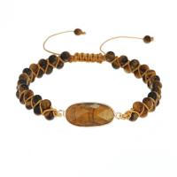 Natural Tiger Eye Bracelets with Knot Cord & Brass Flat Oval gold color plated Adjustable & fashion jewelry & Unisex mixed colors Sold By PC