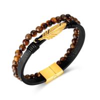 PU Leather Cord Bracelets with Tiger Eye & 304 Stainless Steel Feather Vacuum Ion Plating vintage & for man Length 200 mm Sold By PC
