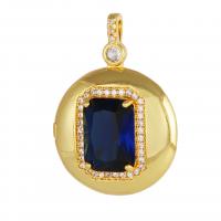 Brass Locket Pendants, with Cubic Zirconia, Flat Round, 18K gold plated, DIY, blue, nickel, lead & cadmium free, 24x34.50mm, Sold By PC