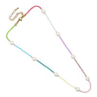 Glass Seed Beads Necklace Seedbead with Plastic Pearl & 304 Stainless Steel with 5cm extender chain Vacuum Ion Plating fashion jewelry & for woman mixed colors Length Approx 42 cm Sold By PC