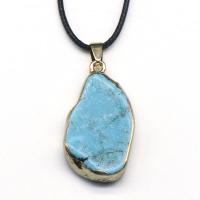 Fashion Turquoise Necklace with leather cord & Brass irregular gold color plated fashion jewelry & Unisex blue Length about 10-30mm Hight about 17-38mm Length Approx 38 cm Sold By PC