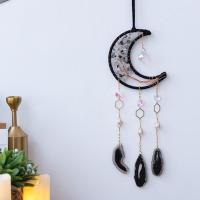 Wind Chimes Outdoor and Home Decoration  Natural Gravel with leather cord & Agate & Crystal & Brass Moon handmade for home and office black 500mm Sold By PC