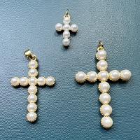 Brass Cross Pendants with Plastic Pearl gold color plated DIY nickel lead & cadmium free Sold By PC