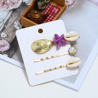 Hair Slide Zinc Alloy with Plastic Pearl & Acrylic Starfish gold color plated for woman Sold By Set