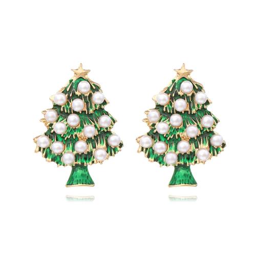 Christmas Earrings Zinc Alloy with Plastic Pearl Christmas Tree gold color plated fashion jewelry & for woman & enamel green nickel lead & cadmium free Sold By Pair