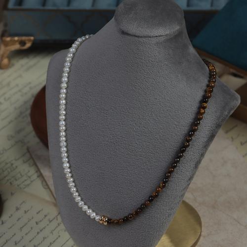 Freshwater Pearl Brass Necklace, with Tiger Eye & Freshwater Pearl, with 5cm extender chain, plated, fashion jewelry, nickel, lead & cadmium free, Length:40 cm, Sold By PC