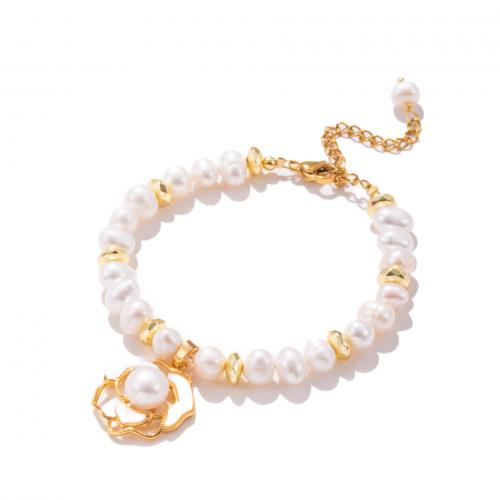 Freshwater Cultured Pearl Bracelet Freshwater Pearl with Brass with 5cm extender chain real gold plated fashion jewelry & for woman white Length 15 cm Sold By PC