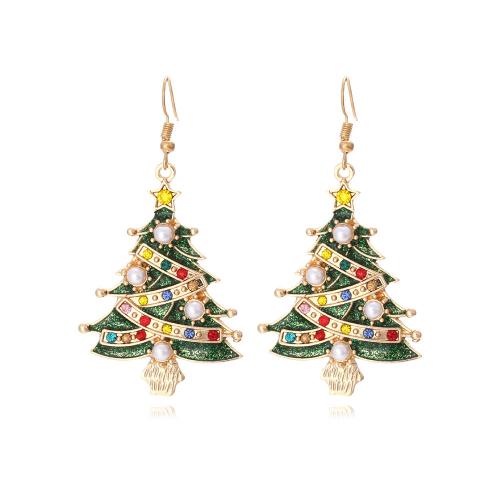 Christmas Earrings Zinc Alloy with Plastic Pearl Christmas Tree gold color plated fashion jewelry & for woman & enamel & with rhinestone mixed colors nickel lead & cadmium free Sold By Pair