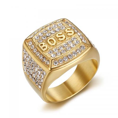 Rhinestone Stainless Steel Finger Ring 304 Stainless Steel Square Vacuum Ion Plating fashion jewelry & for man & with rhinestone Sold By PC