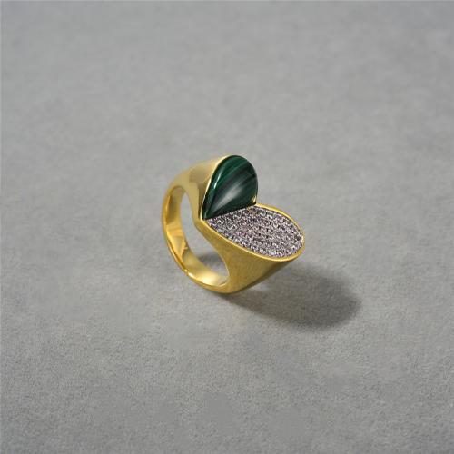 Brass Finger Ring with Malachite Heart plated fashion jewelry & with rhinestone golden nickel lead & cadmium free US Ring Sold By PC