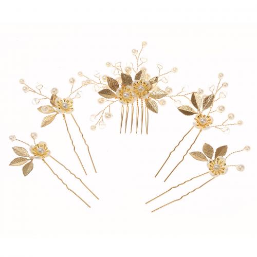 Mixed Hair Accessories Iron with Resin & Plastic Pearl 5 pieces & for woman & with rhinestone golden 12*10.5cmuff0 10*8cmuff0cMedium 10*5.5cmuff0cSmall hair 8.5*4cm Sold By Set