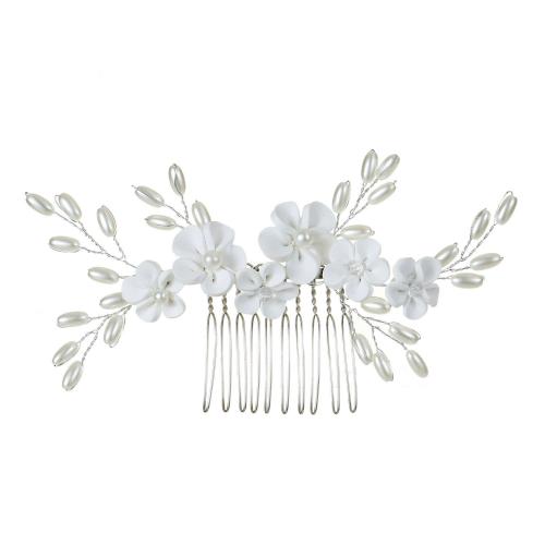 Decorative Hair Combs Iron with Polymer Clay & Plastic Pearl for woman white 13*7cm Sold By PC
