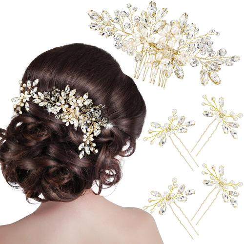 Mixed Hair Accessories hair comb & hair stick Iron with Crystal & Plastic Pearl 5 pieces & for woman Hair comb 16.5*6.5cm fork 9*7.5cm Sold By Set